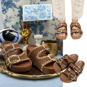 🆕 LOEFFLER RANDALL 🧿 NWOB Theo Embroidered Raffia Platform Sandal, Brown Sz 7